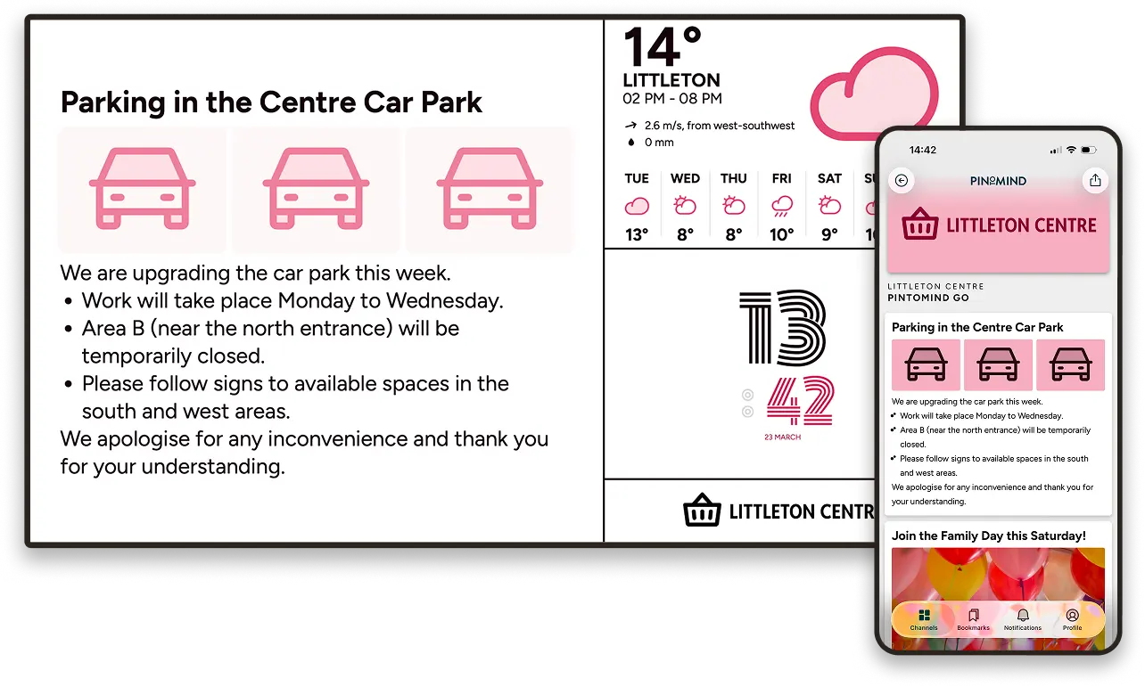 Digital signage and mobile app with example content for a shopping centre.
