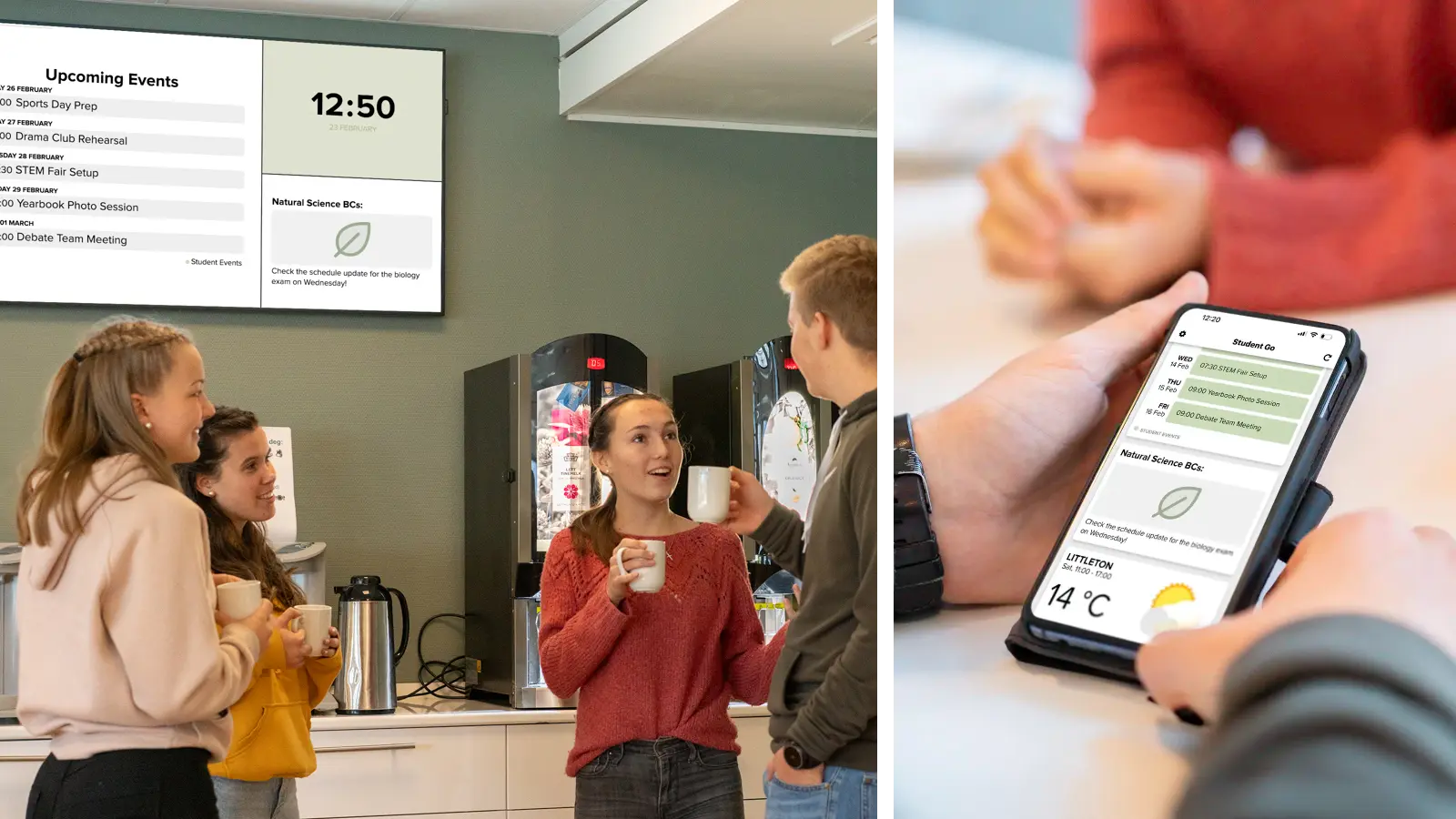 Students standing in front of a digital signage screen in a highschool canteen and mobile app showing communication content