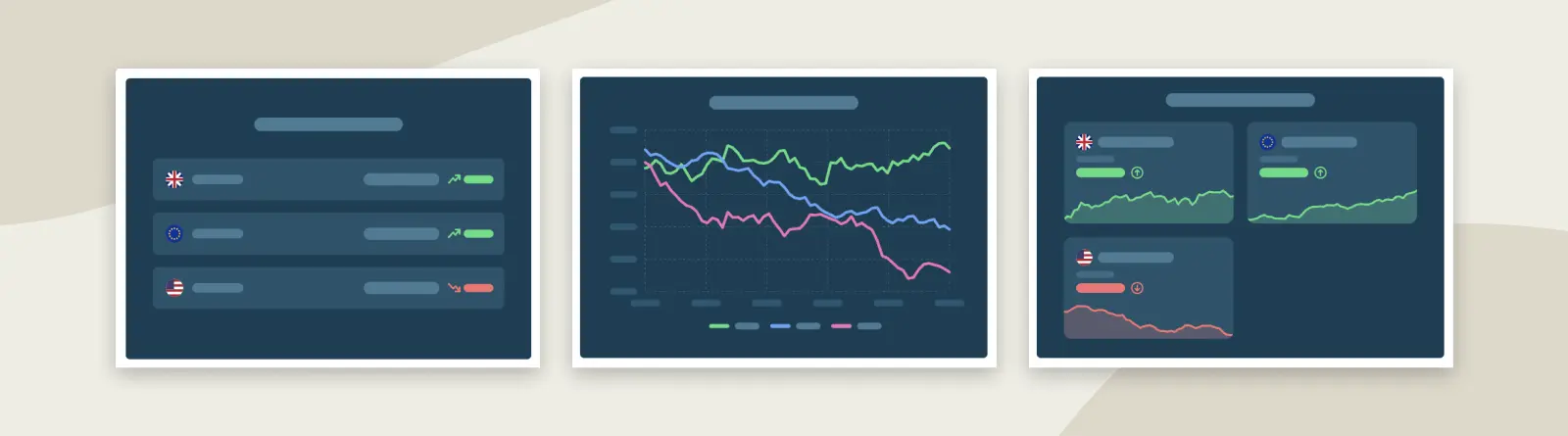 Graphic showing the three display options: list, graph and cards.
