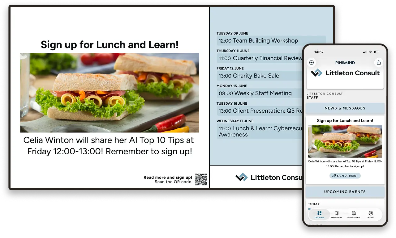 A digital signage screen and a mobile app displaying the same content, allowing information to be shared on both screens and mobile devices.