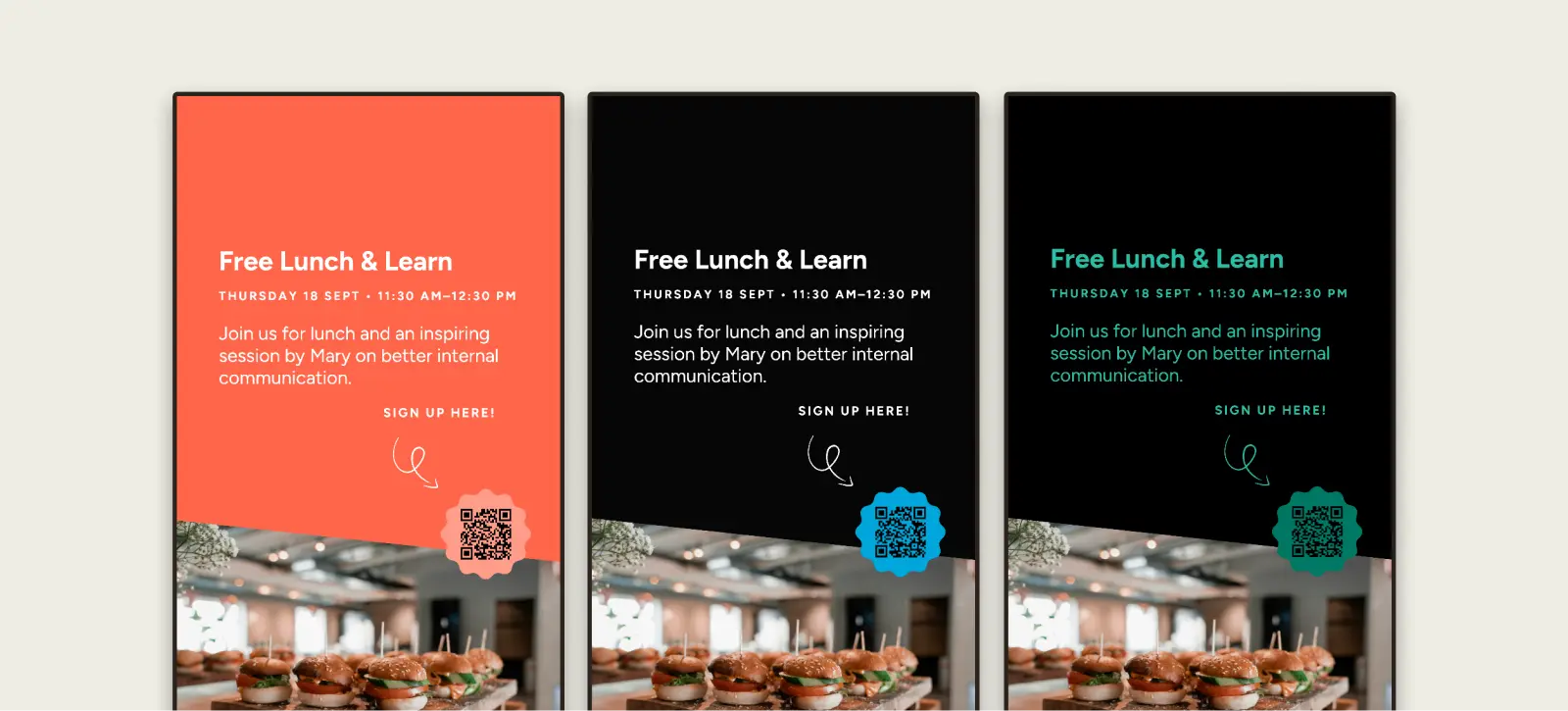 Three digital signage screens showing the same poster adapted to different colour themes.