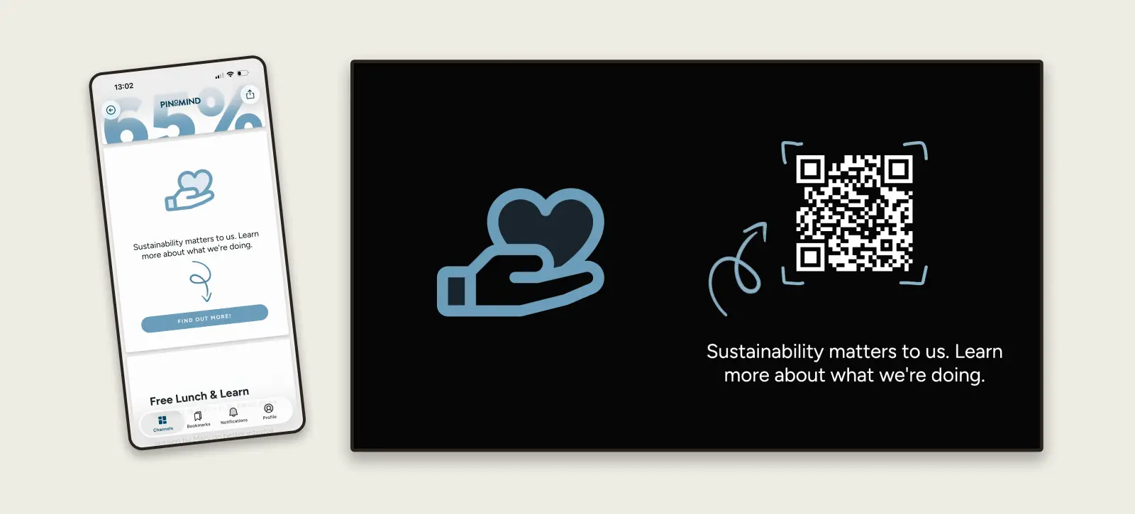 Poster with a QR code on a digital signage screen, and the same poster with a button in PinToMind Go.