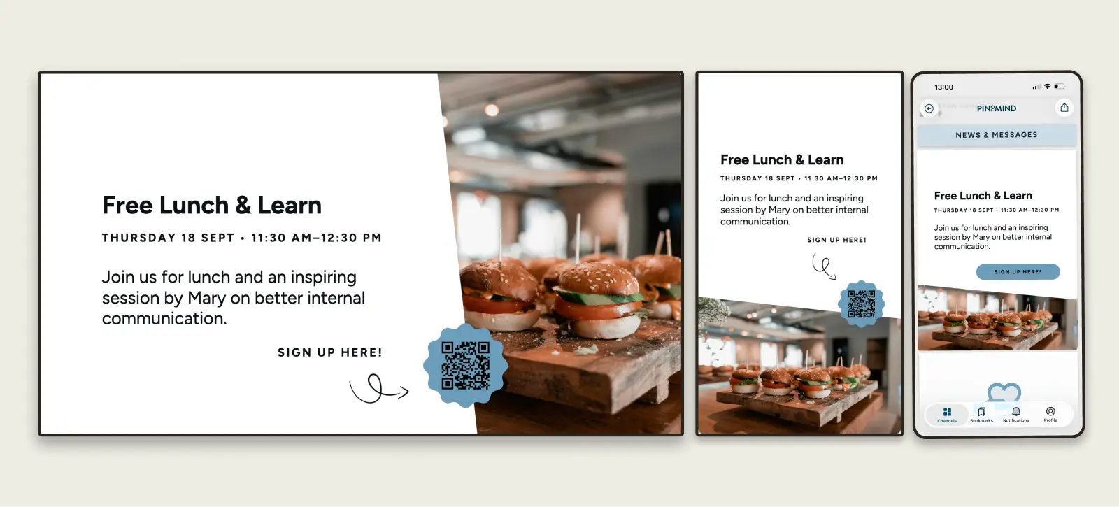 Poster shown in three formats for landscape screens, portrait screens and PinToMind Go.