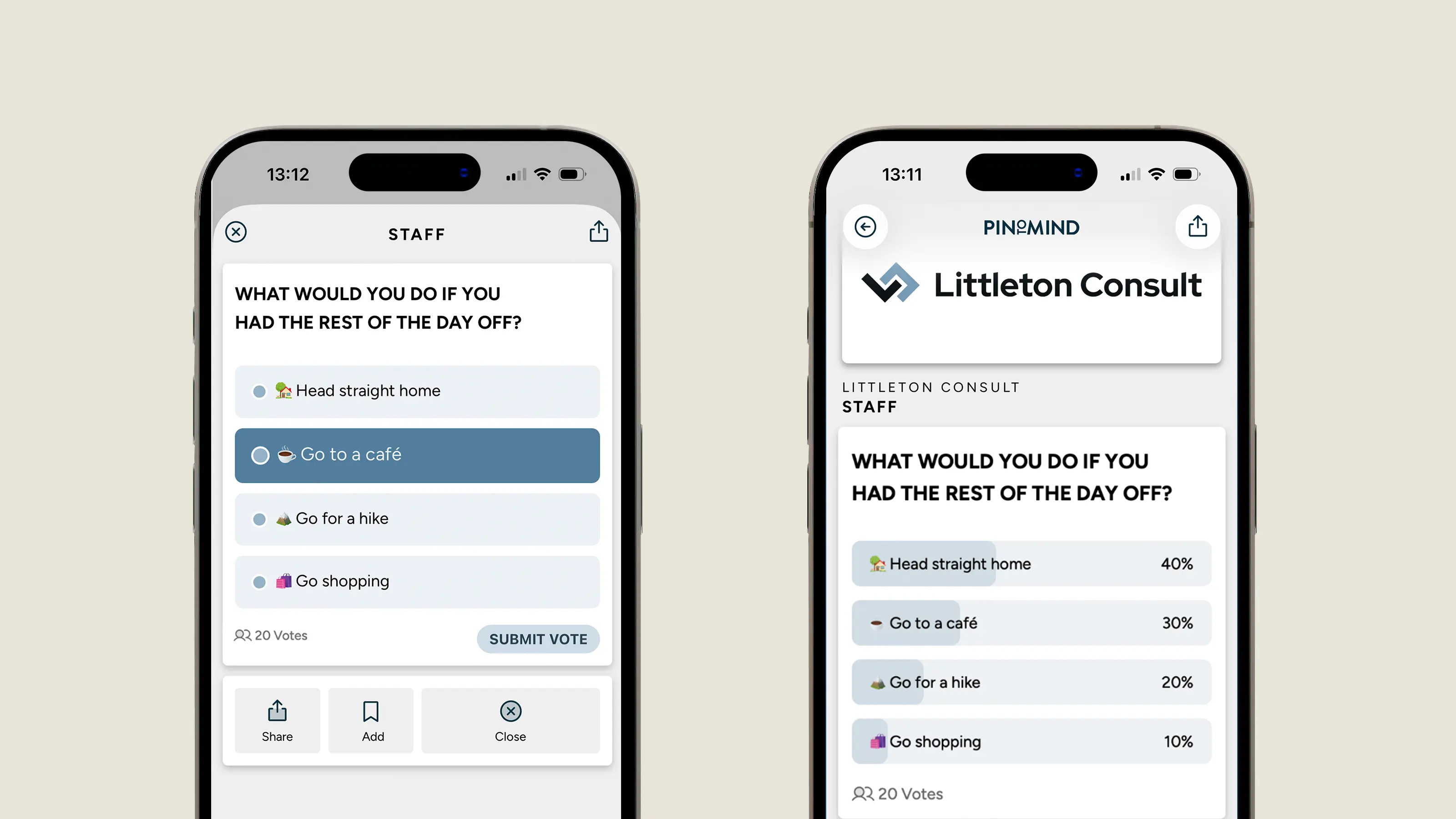 Two mobile phones showing screenshots of a poll in PinToMind Go.