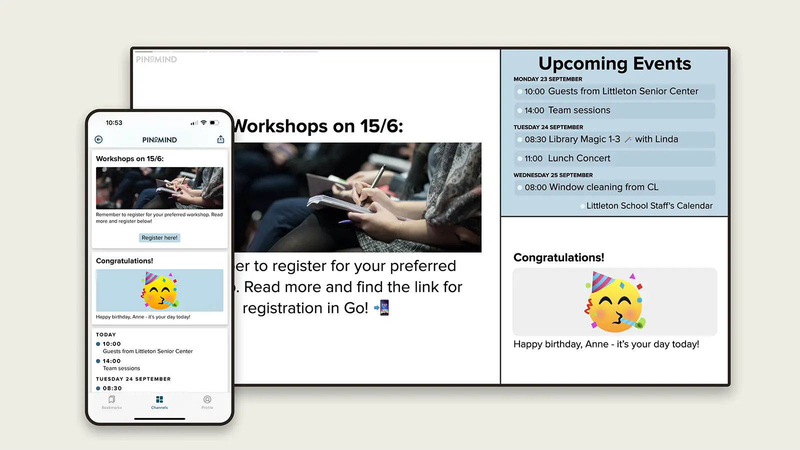 Screens showing typical school content on a digital display and in the PinToMind Go mobile app.
